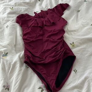 Elegant Burgundy One-Shoulder Swim One Piece